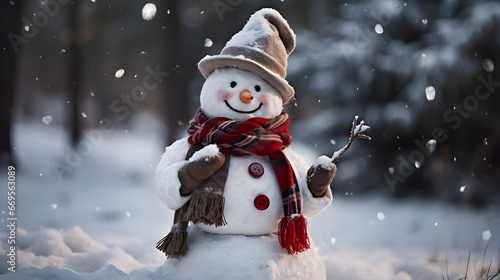 An High-Definition Capture of an Happy and Smiling Snowman in the Winter wearing a Coloured Scarf. 4K