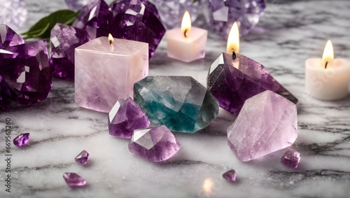 Spa still life with candles and gem stones. Gemstones minerals set and candle on marble background. Healing stones for  spiritual practice. Generative AI. 