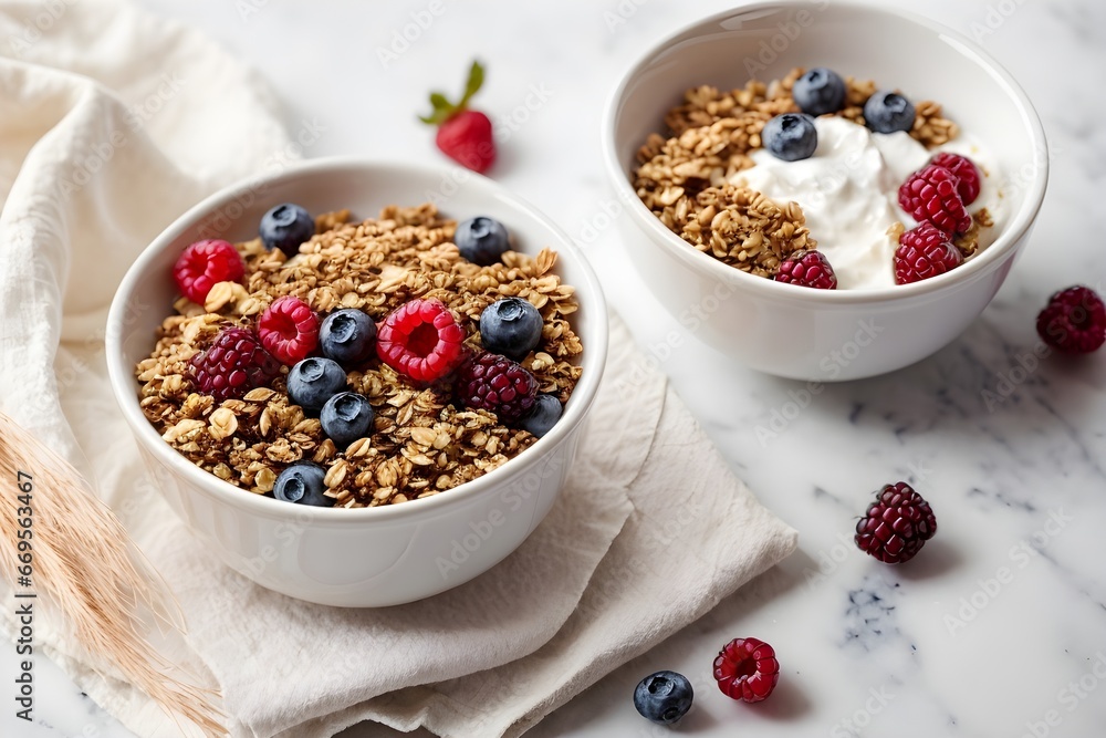 Muesli, oat meal with berries. Generative AI. Muesli, oat meal with berries. Generative AI.