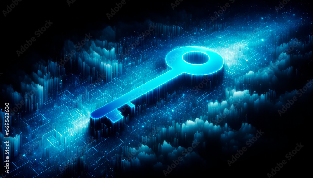 Key in blue technology background. Digital security and data protection concept. Generative AI - obrazy, fototapety, plakaty 