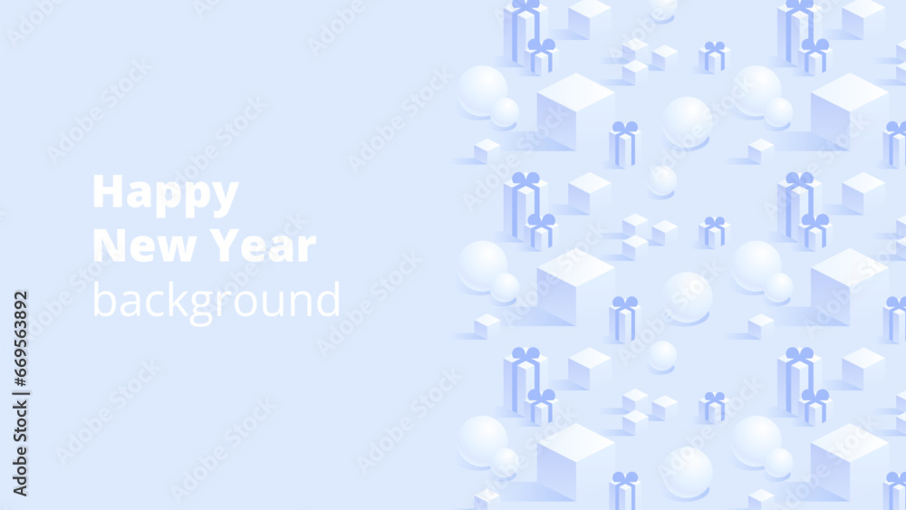 Obraz premium Merry Christmas and Happy New Year background for greeting cards, posters, holiday covers, banners and prints. Winter Landscape. Xmas template for web, social media. Vector Illustration