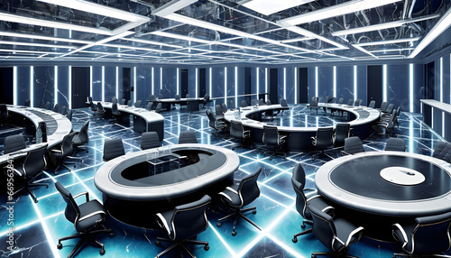 Modern conference room equipped with table and chair and computers, business concept, generative ai