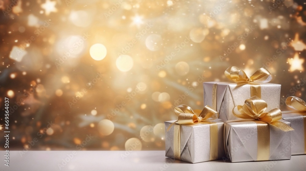 Copy space for your product display on empty snowy Christmas background with gift boxes decorated Copy space for your product display on empty snowy Christmas background with gift boxes decorated