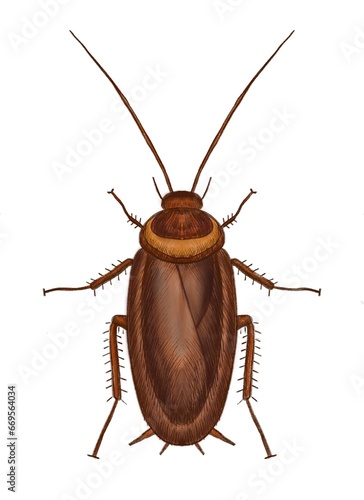 Cockroach isolated on white background, source of germs. Drawing paint digital. Illustration.