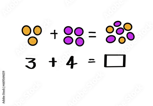 Numbers plus with drawing colorful stones to represent numbers for counting numbers and find answer. 3+4=? Concept, mathematics teaching aids about addition. Easy maths problems for kindergarten kids.