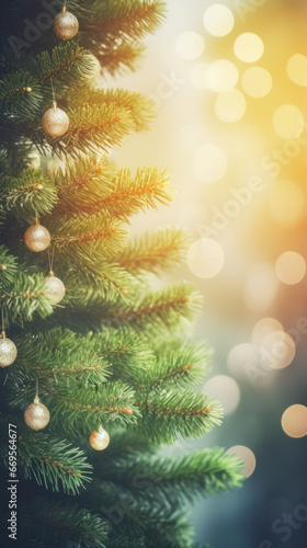 Close-up of a majestic pine tree with a blurred background  christmas tree background.