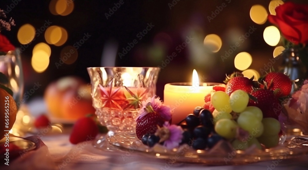 Christmas card with text Celebration Greeting: Dia de Las Velitas with Candles, fruit, flower and bokeh lights. Translate: 7 December, Romantic festive holiday evening Christmas card with text Celebration Greeting: Dia de Las Velitas with Candles, fruit, flower and bokeh lights. Translate: 7 December, Romantic festive holiday evening