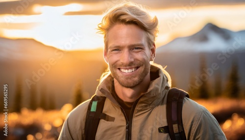 Male model in hiking gear standing infront of mountains with blurred background
