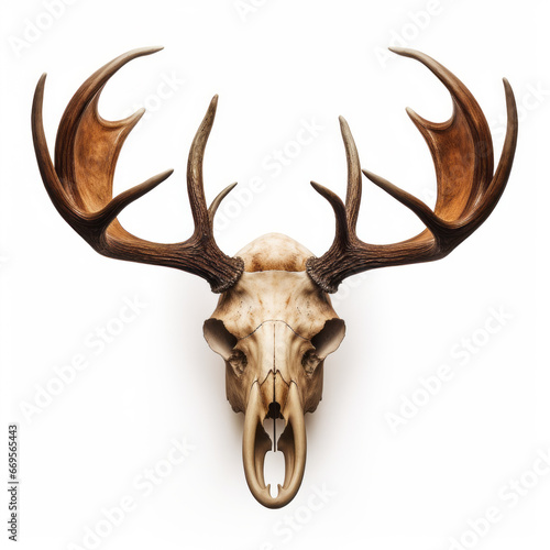 Front view of deer skull with large antlers isolated on white
