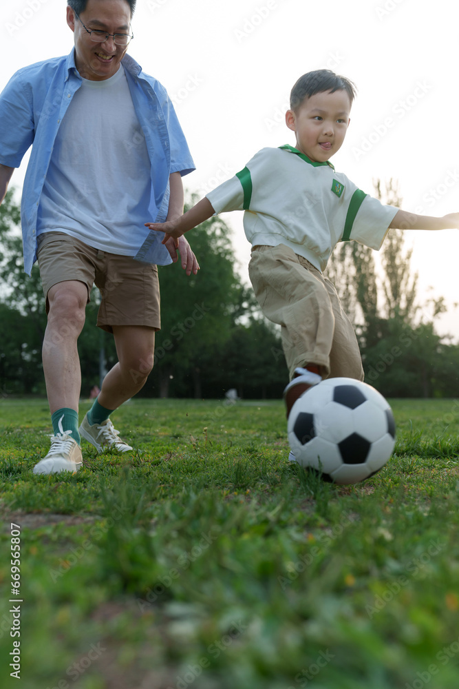 Happy father and son are playing football on the grass Happy father and son are playing football on the grass