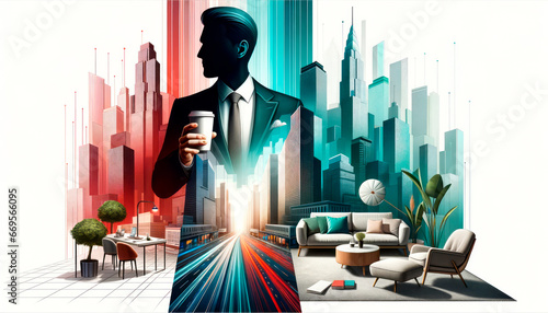 Businessman with coffee cup in modern office with cityscape and buildings background. Success concept. Double exposure. Generative AI