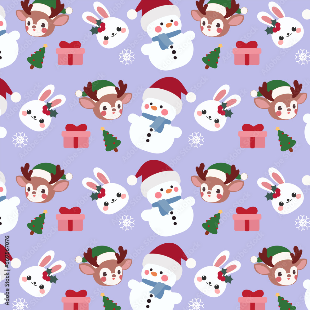 Seamless pattern features cute snowmen, reindeer, and bunnies on a purple background. Seamless pattern features cute snowmen, reindeer, and bunnies on a purple background.