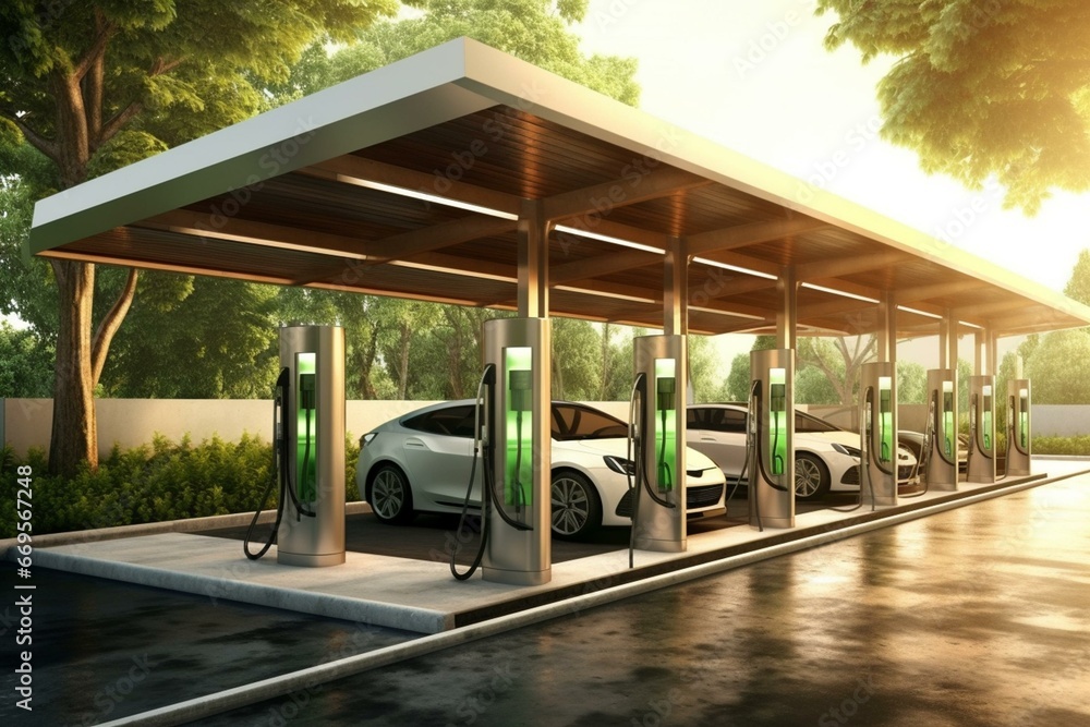Renewable energy-powered electric vehicle charging station. Generative AI - obrazy, fototapety, plakaty 