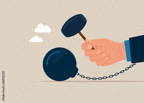 Pay off debt, destroy shackle or anxiety burden, escape and liberation concept. Vector illustration 