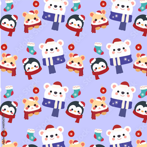 seamless pattern features cute hamsters, penguins, and polar bears on a purple background.