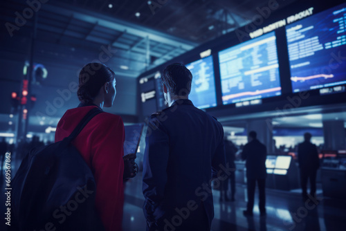 Airport passengers observing flight information screens, modern transit ambiance during twilight