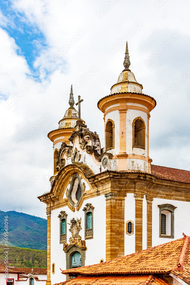 Baroque church towers in the square of the city of Mariana in Minas Gerais
