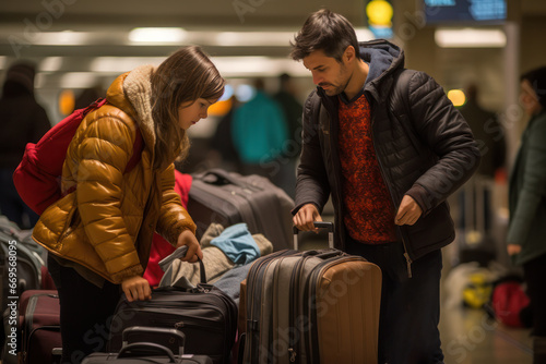 Focused young couple sorting their luggage amidst the bustling atmosphere of an airport terminal