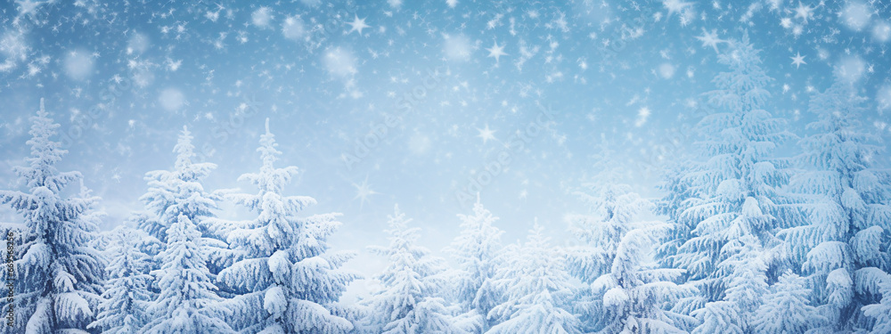 Frozen winter forest with snow covered trees. panoramic banner. Selective Focus Frozen winter forest with snow covered trees. panoramic banner. Selective Focus