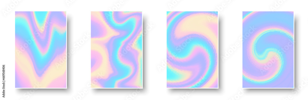 Set of colorful hologram paper card. Abstract holographic wavy gradient mesh color backgrounds. Set of colorful hologram paper card. Abstract holographic wavy gradient mesh color backgrounds.