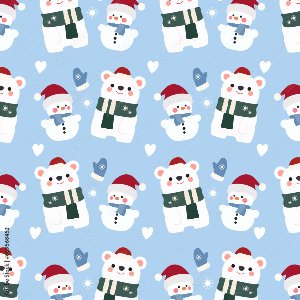 Seamless pattern features cute snowman, polar bears, and gloves on a blue background.