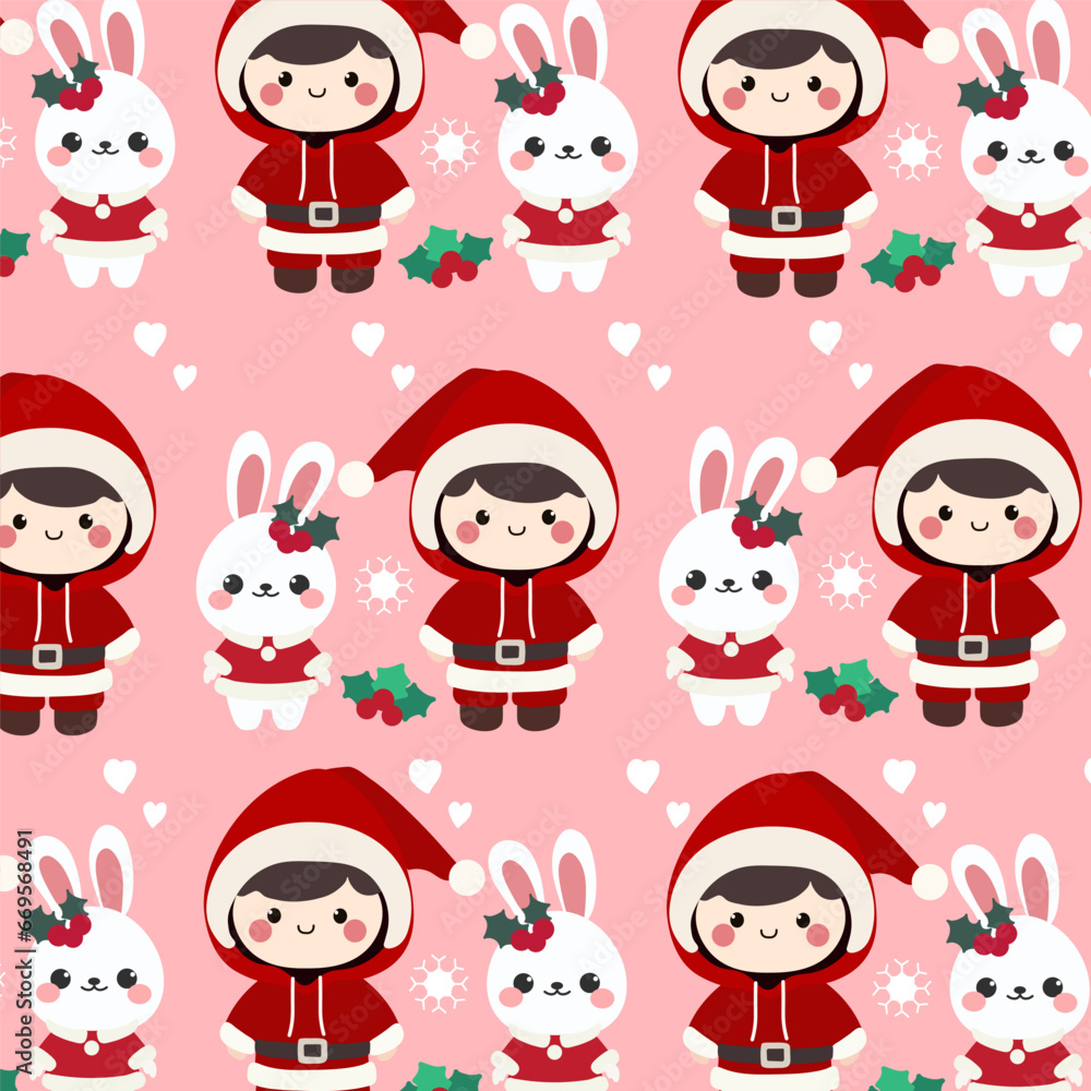 Christmas Boy and Bunny Seamless Pattern. Seamless pattern features a cute Christmas boy, Christmas bunny, and snowflakes on a pink background.