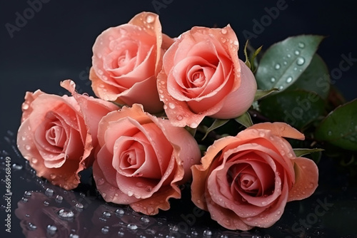 Bouquet of pink roses with water drops