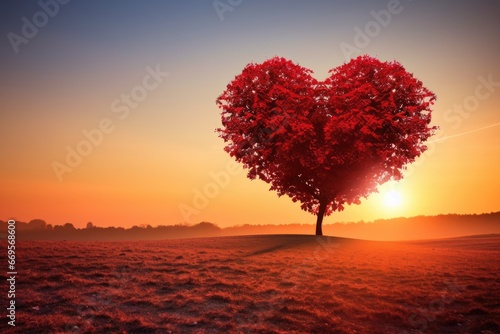 Red Heart Shaped Tree on sunset. AI Generated © dark_blade