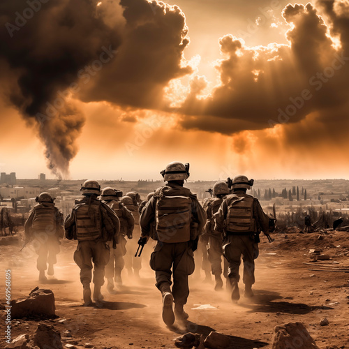 Soldiers Advancing at Sunset, Facing the Smoke of a Distant City Battle
