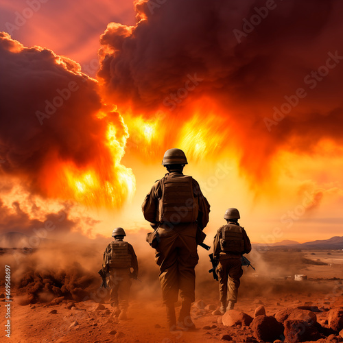 Soldiers march forward as explosions light up the desert horizon at dusk