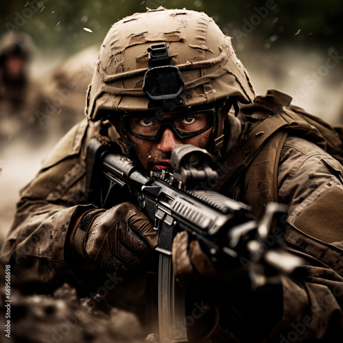 Determined soldier aiming in the pouring rain, entrenched in a rugged battlefield