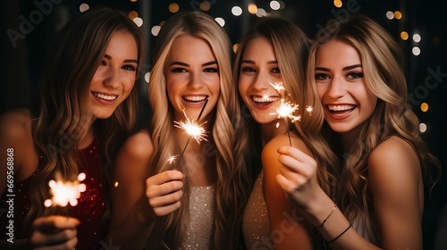A group of smiling girls with Bengali celebrate New year and Christmas.