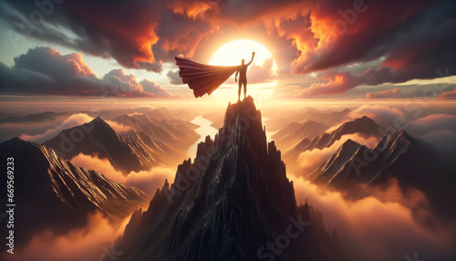 Man on top of a mountain. Generative AI photo