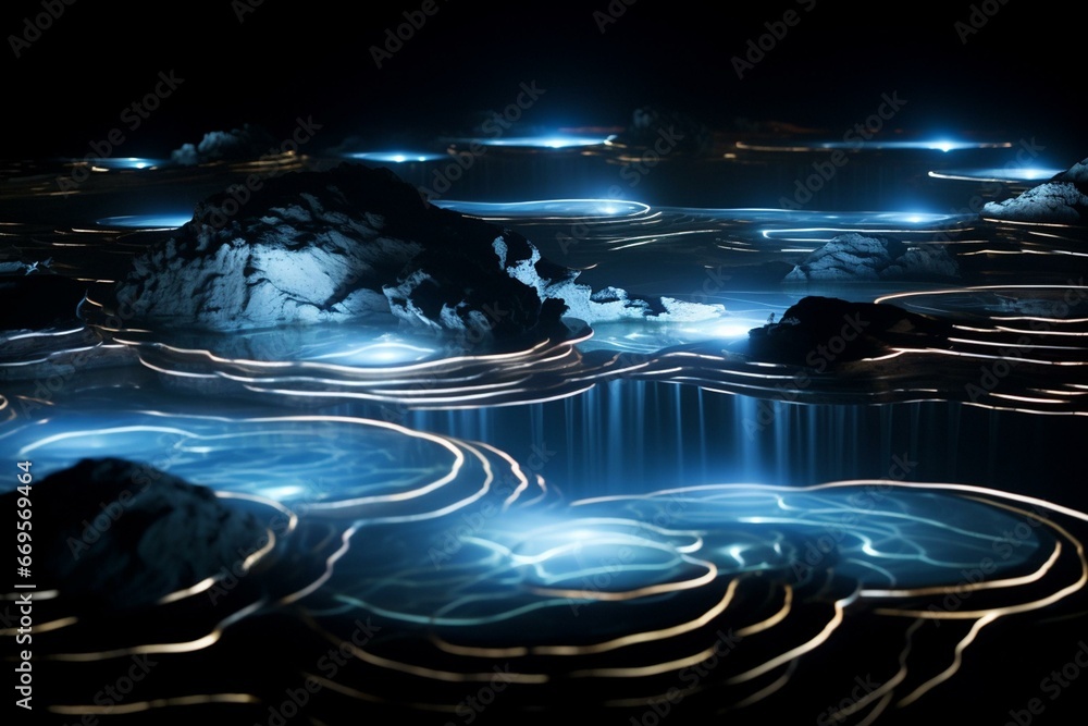 Moving water with ripples in small pools, illuminated by focused lights amidst a dark environment. Generative AI
