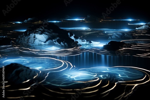 Moving water with ripples in small pools, illuminated by focused lights amidst a dark environment. Generative AI