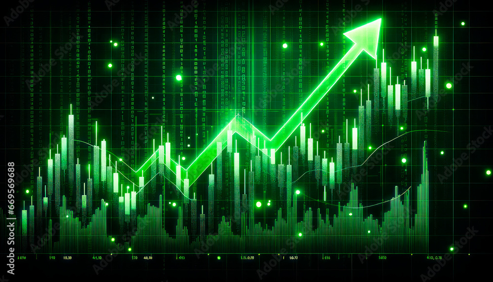 Stock market graph and candlestick chart on green background. Generative AI