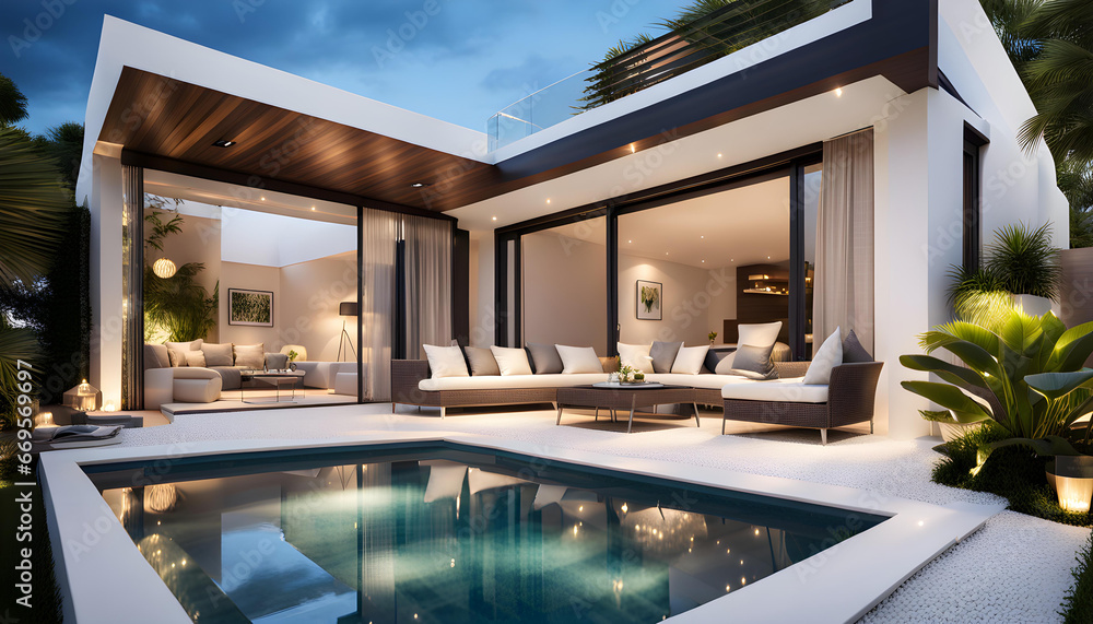 Fototapeta premium Modern villa with open plan living and a private bedroom wing with a small terrace for relaxing