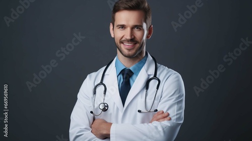 Healthcare, medical staff concept. Portrait of smiling male doctor posing with folded arms on grey studio background,