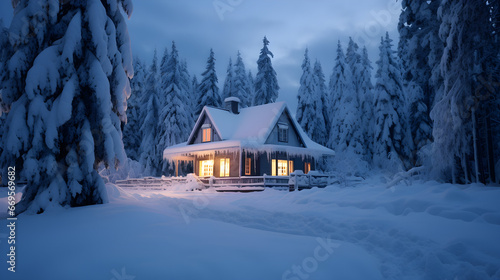 The front of exterior of house or cottage covered in deep snow in winter evening © petrrgoskov