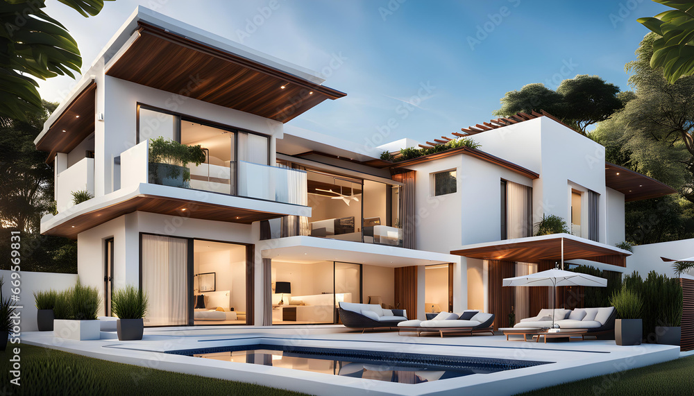 Fototapeta premium Modern villa with open plan living and a private bedroom wing with a small terrace for relaxing