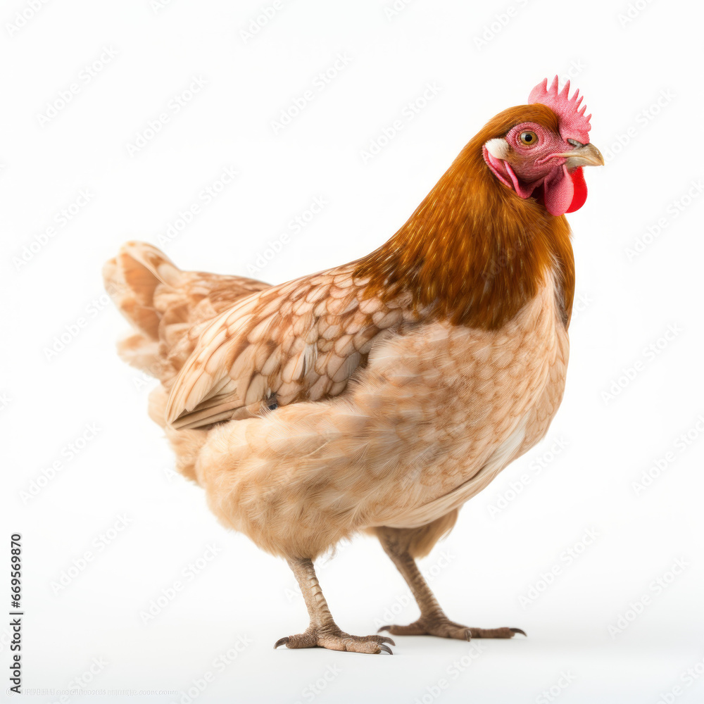 Fototapeta premium Brown hen standing profile, red comb, isolated on white.