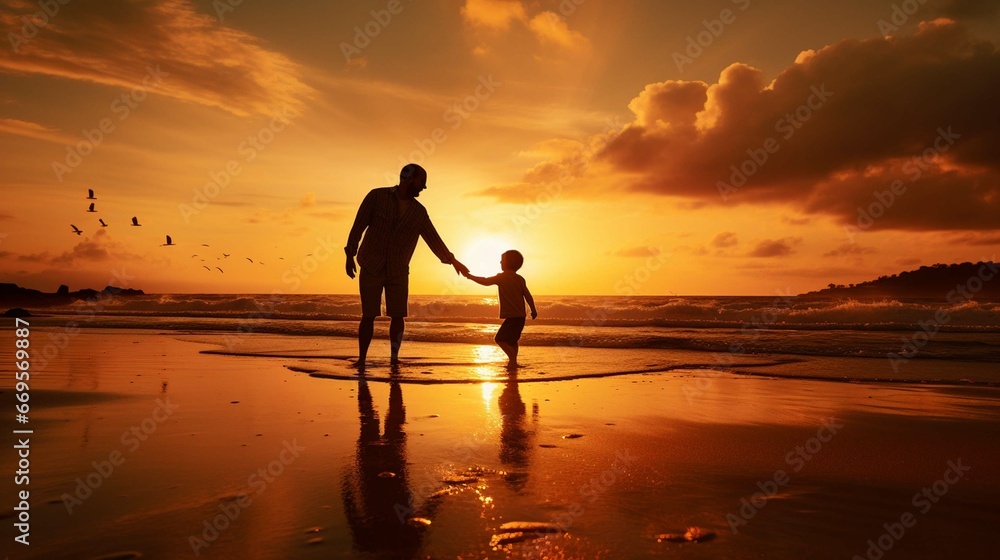 Photo of a father and son playing on the beach, sunset, father's day, 