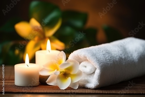 Beautiful spa composition on massage table. AI Generated