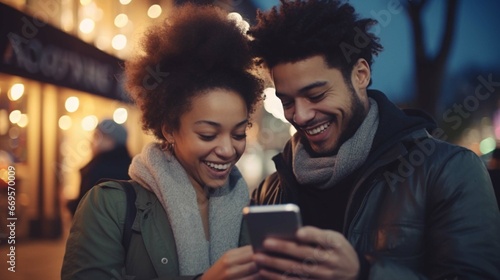 Happy man and smiling woman watching video on smartphone. 