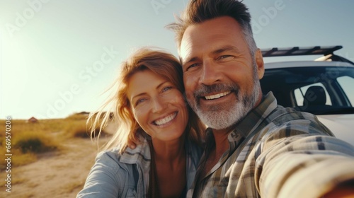Romantic middle age couple hugging standing next to cars during auto travel in countryside. Taking a selfie using a smartphone