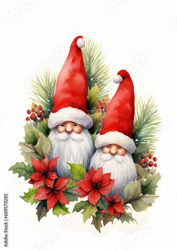 cute little christmas gnomes with poinsettia, suitable for a greeting card - ai-generated