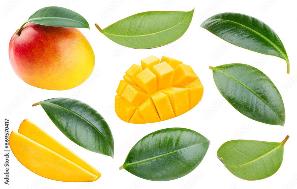 Mango fruit with mango cubes and leaves isolated on a white background. Mango with leaves clipping path