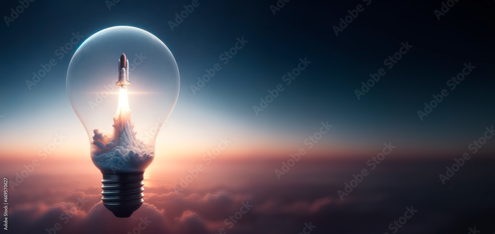 Business start up concept as a rocket taking off from a lightbulb with a blue sky background. Generative AI - obrazy, fototapety, plakaty 