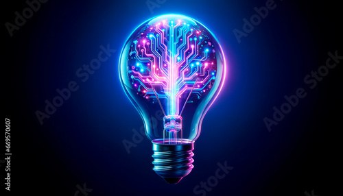 Glowing electric light bulb with microcircuit inside on dark background. Generative AI