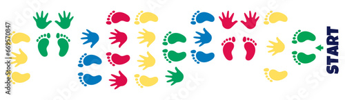 Hands and feet hopscotch game. Activity floor game.  Colorful hand and footprint. Game elements for fun active.